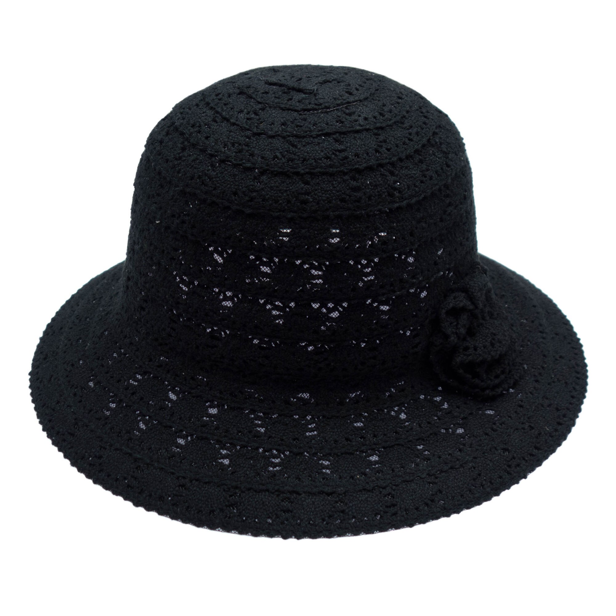 Palarie de soare, Dama, Buticcochet, din macrame, Negru cu floare - PAL304