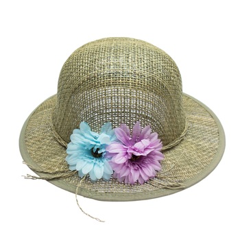 Palarie de soare, Dama, Buticcochet, din paie de papura, Bej cu flori colorate - PAL309 Palarie de soare, Dama, Buticcochet, din paie de papura, Bej cu flori colorate - PAL309