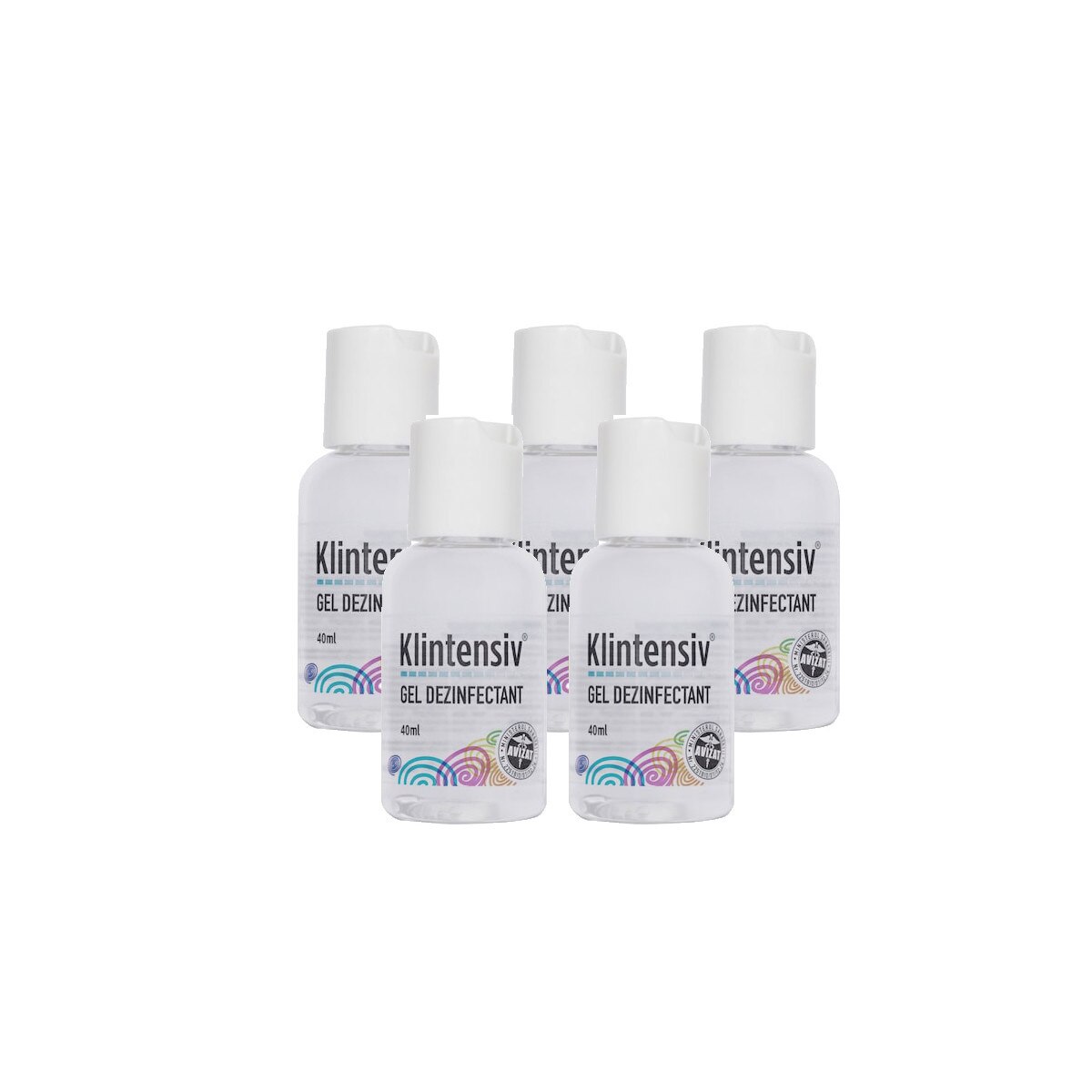 Set 5 Gel dezinfectant Klintensiv la 40 ml pentru maini si tegumente cu 85% alcool, Avizat MS, 200 ml