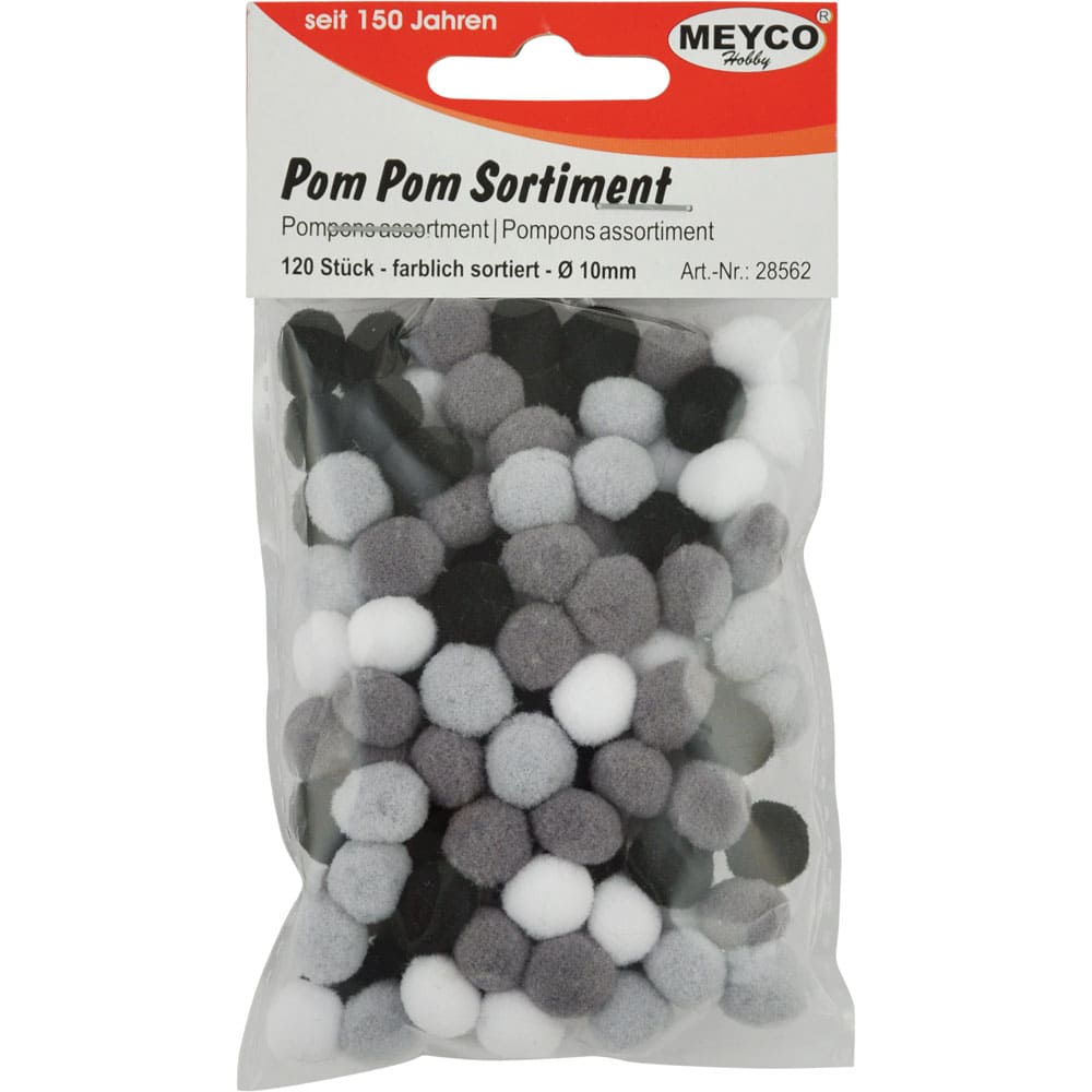 Set accesorii creatie, pompom, Ø 10mm, 120 buc, alb/negru/gri, Meyco