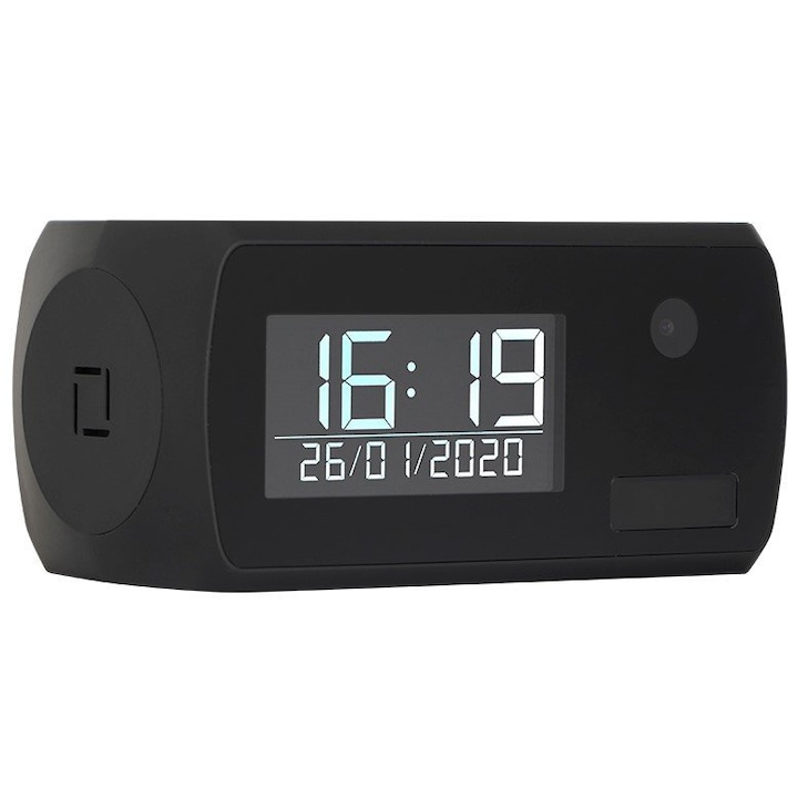 Ceas de masa digital cu o camera ascunsa, Secutek SAH-LS006, Wi-Fi, Full HD, 11 x 5.2 x 5.2 cm, Negru