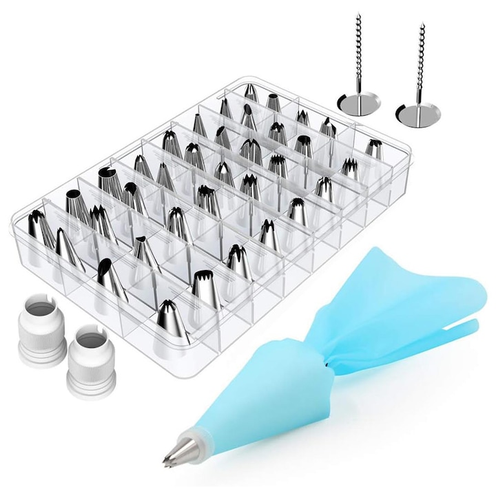 Set 42 accesorii ornare BOMSTOM, Otel inoxidabil/ Plastic, Argintiu/ Albastru