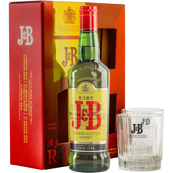 Pachet Whisky J&B Rare, Blended 40%, 0.7l + 2 Pahare