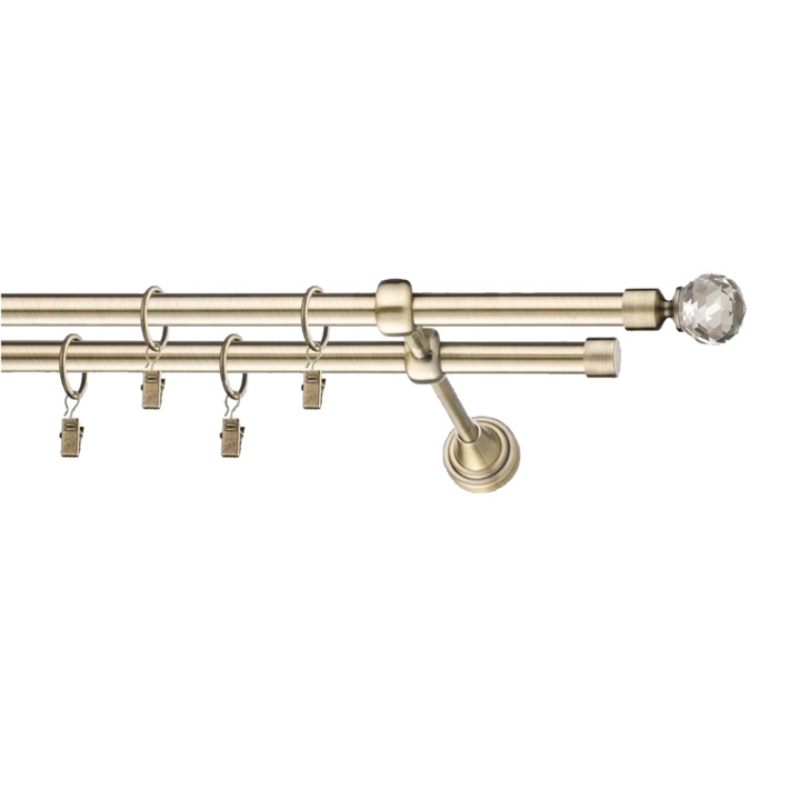 Set galerie dubla metalica lungime intre 151 si 200 cm, culoare auriu-antic, capete la alegere - design antic