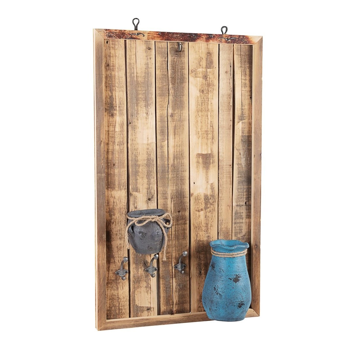 Decoratiune suspendabila perete lemn natur cu 2 vaze si 3 agatatori 60 cm x 14 cm x 100 h