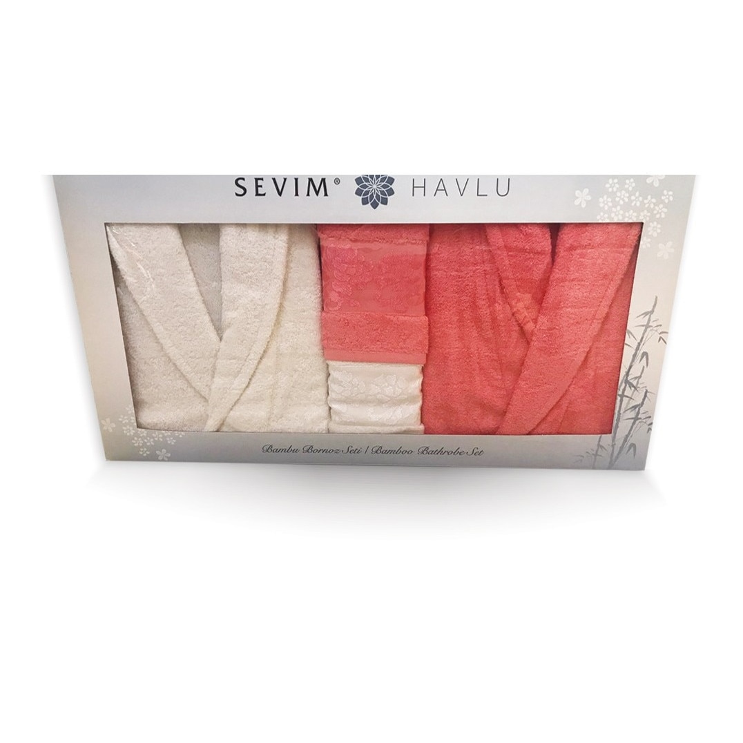 Set 2 halate de baie si 4 prosoape,bambus,sevim havli,alb/corai