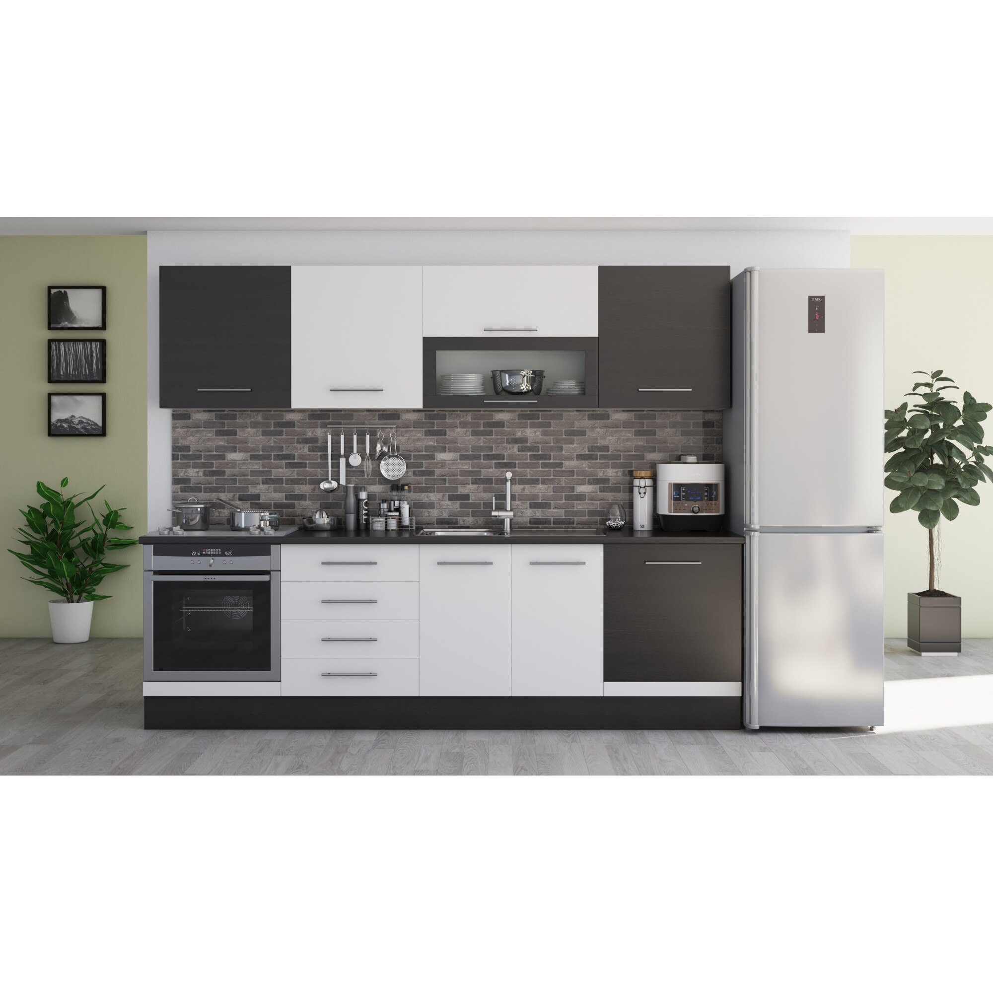 Set Bucatarie Alfa, 260x210x60 cm, culoare alb/wenge