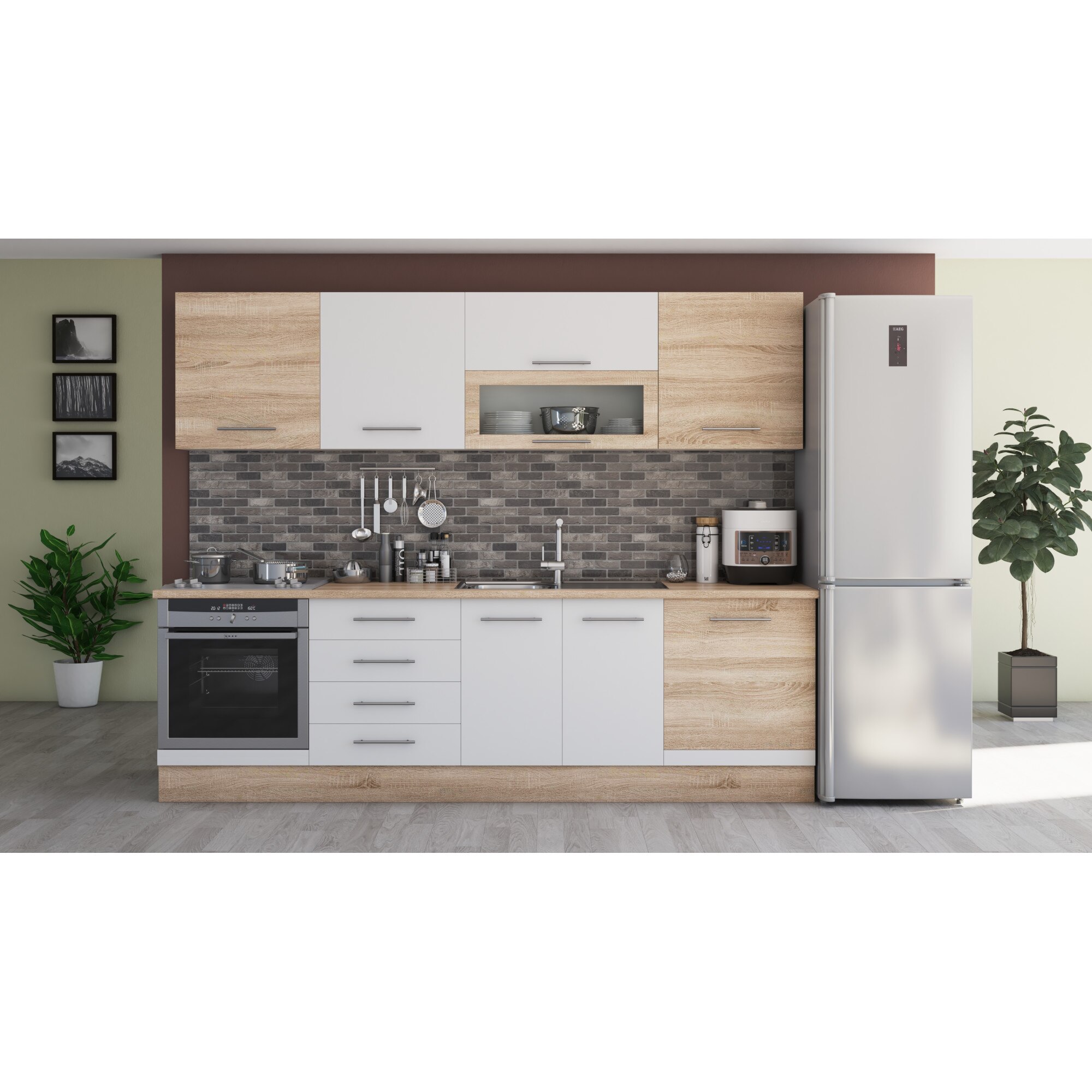 Set Bucatarie Alfa, 260x210x60 cm, culoare alb/sonoma