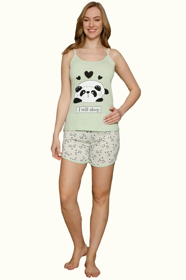 Pijama dama din bumbac Serena, imprimeu panda, Verde