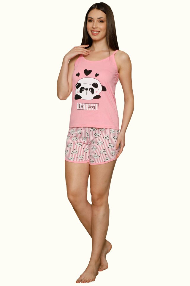 Pijama dama din bumbac Serena, imprimeu panda, Roz