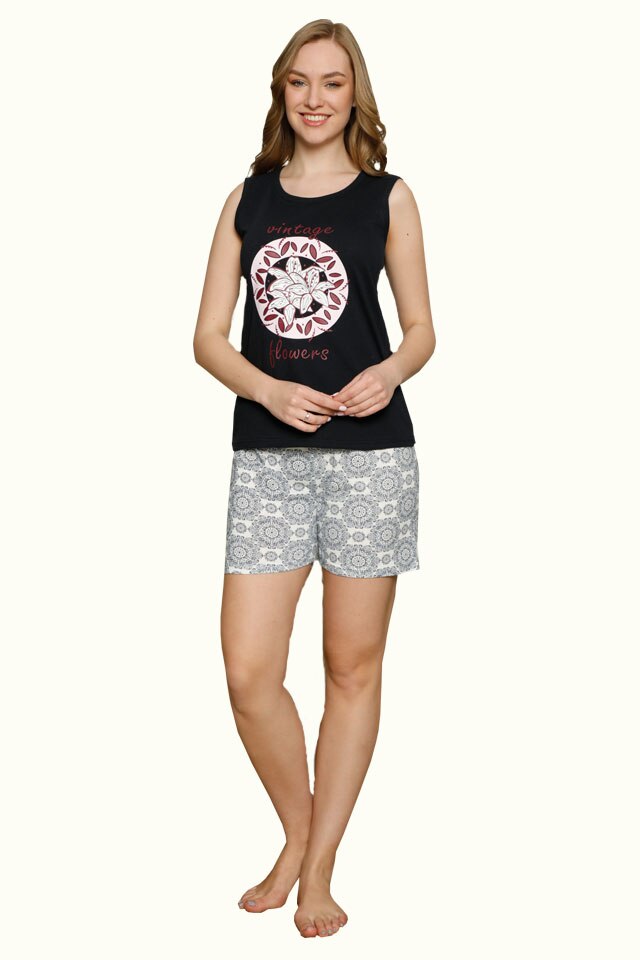 Pijama dama din bumbac Serena, imprimeu Vintage Flowers, Negru