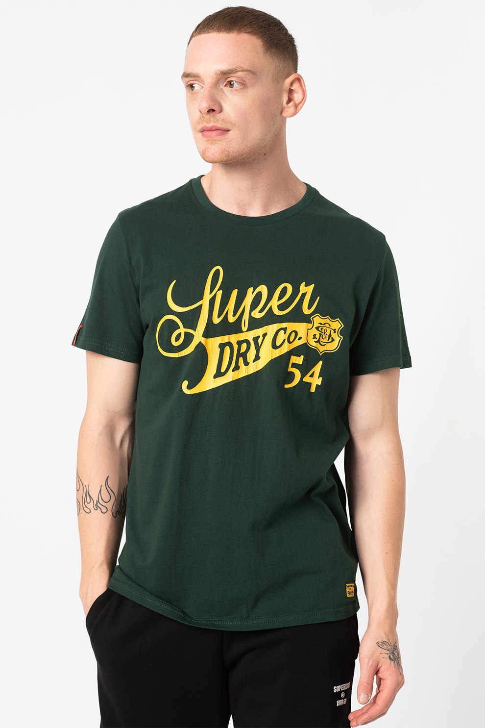SUPERDRY, Tricou cu logo Collegiate, Verde englez/Galben sofran