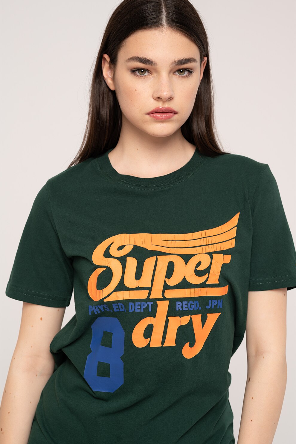 SUPERDRY, Tricou din bumbac cu decolteu la baza gatului, Verde englez/oranj mandarina/albastru indigo