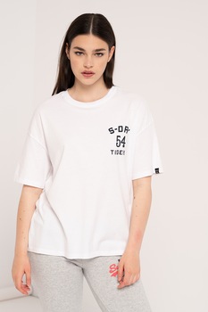 SUPERDRY, Tricou lejer cu decolteu la baza gatului si logo, Alb optic/ Bleumarin inchis SUPERDRY, Tricou lejer cu decolteu la baza gatului si logo, Alb optic/ Bleumarin inchis