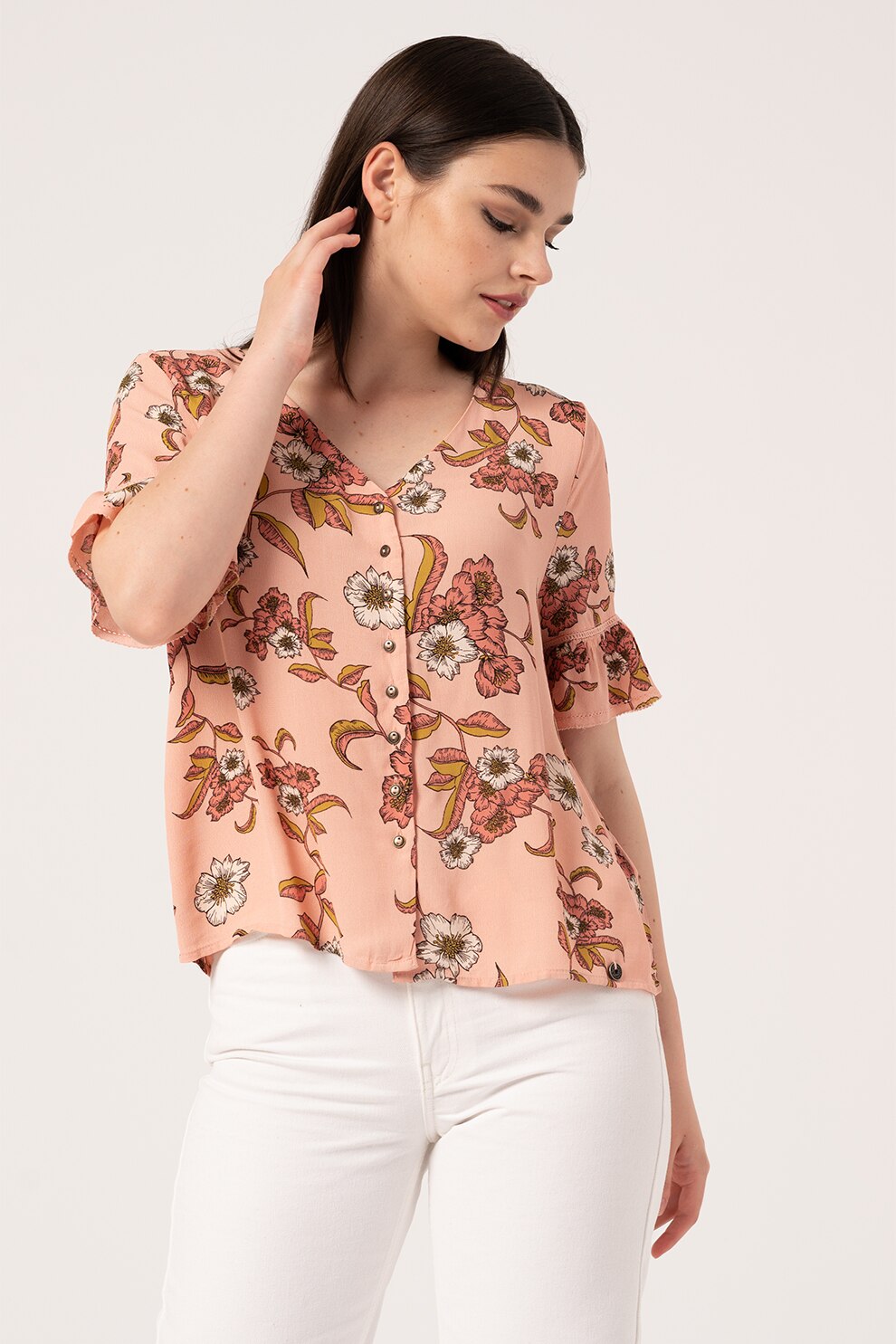 SUPERDRY, Bluza vaporoasa cu nasturi, Roz pastel/verde oliv/alb