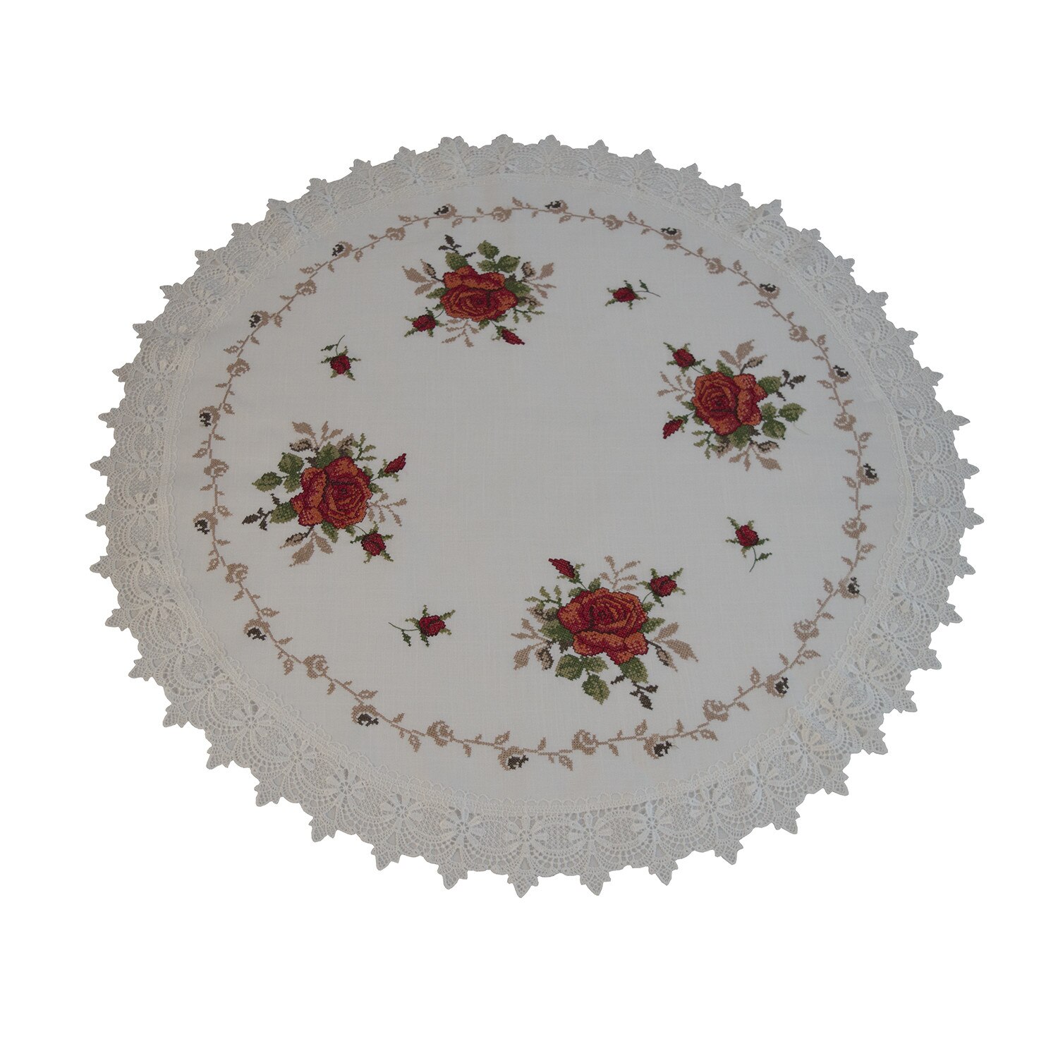 Fata de masa rotunda Ø 85 cm cu dantela si broderie Model 2011-2 Alb Trandafiri