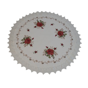 Fata de masa rotunda Ø 85 cm cu dantela si broderie Model 2011-2 Alb Trandafiri Fata de masa rotunda Ø 85 cm cu dantela si broderie Model 2011-2 Alb Trandafiri