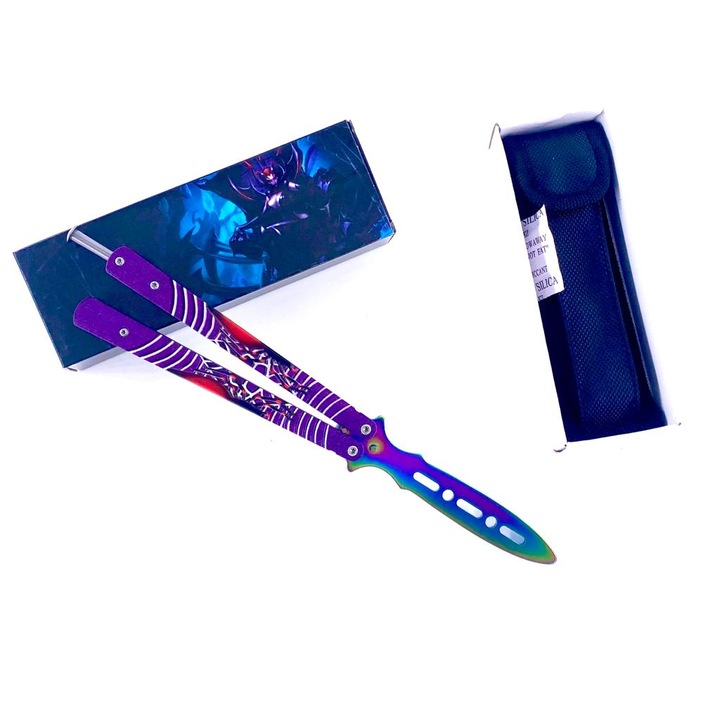 Briceag butterfly balisong Purple Venom pentru antrenament, fara tais, 23 cm, fade