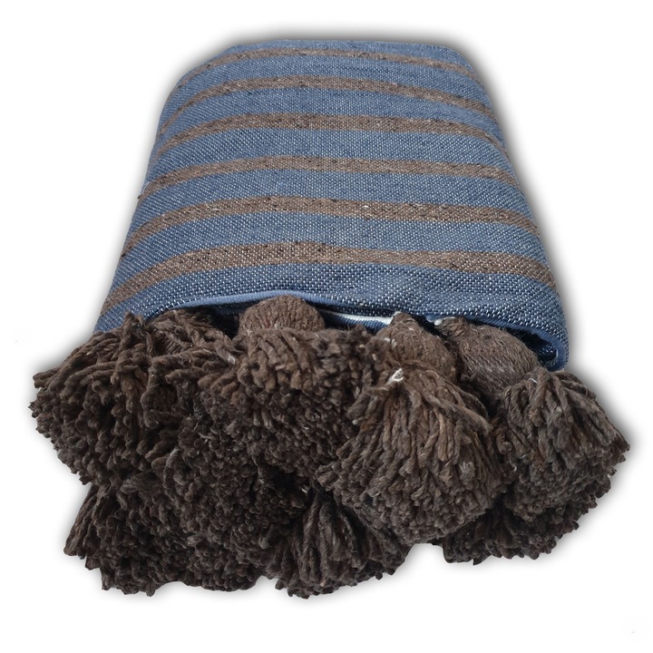 Мароко одеяло, ръчно тъкано, памук, синьо/сиво, 250x150 см