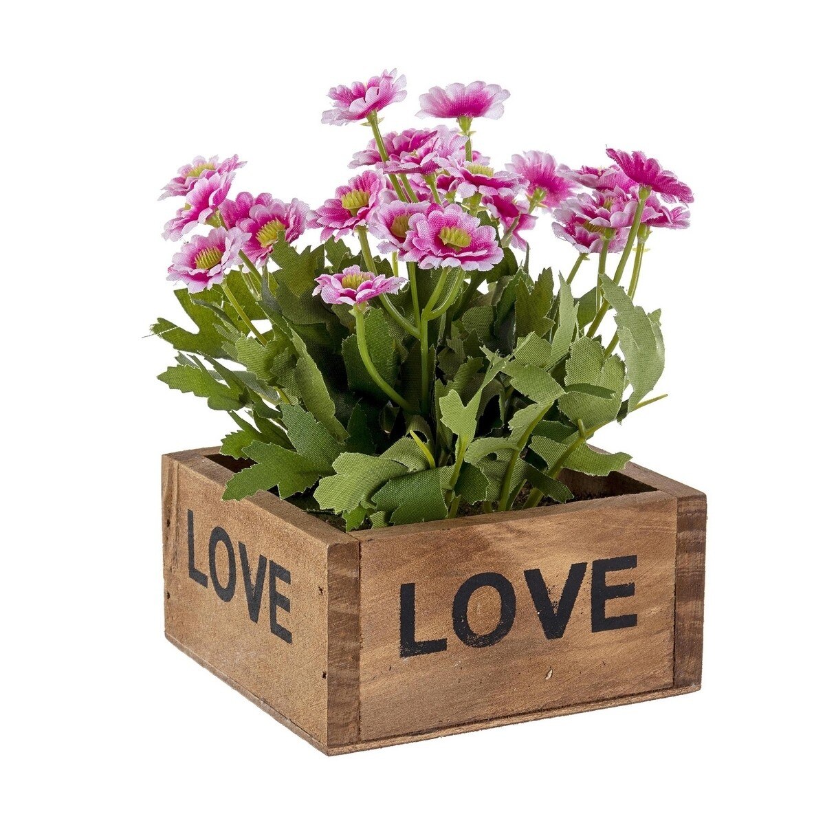 Flori artificiale roz in ghiveci de lemn natur 10 cm x 10 cm x 15 h