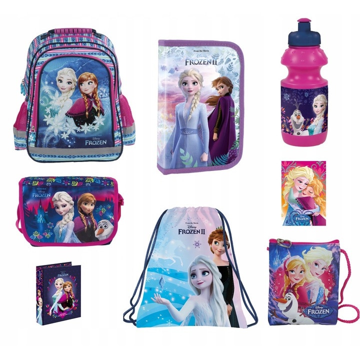Set rucsac scoala frozen, penar, geanta pliabila incaltaminte, Sac incaltaminte, plicul de gat, sticla de apa, caiet, liant, multicolor