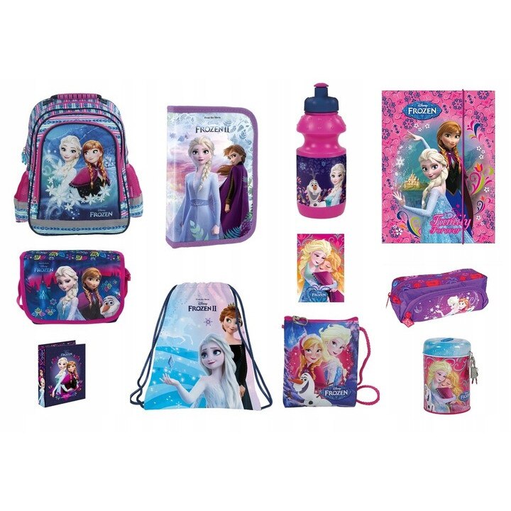 Set rucsac scoala frozen, penar, geanta pliabila incaltaminte, Sac incaltaminte, plicul de gat, sticla de apa, caiet, liant, servieta, husa, Piggybank, multicolor