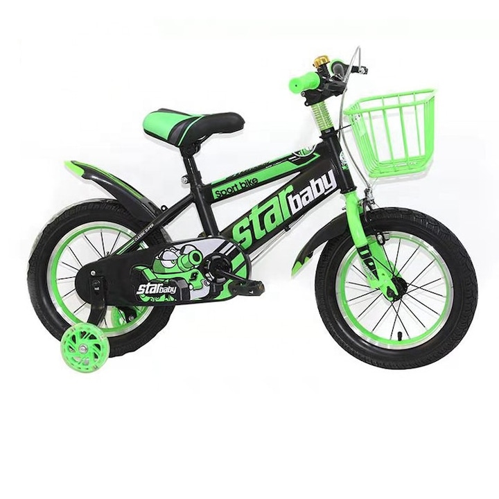 Велосипед Go Kart Star 16 цола, за деца от 4-6 години, помощни колела, калници и кош за играчки, зелен цвят