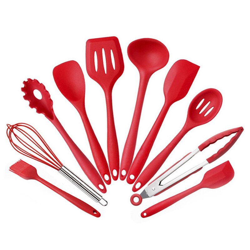 Set de 10 ustensile de gatit din silicon, ASKSA, rezistente la caldura, rosu
