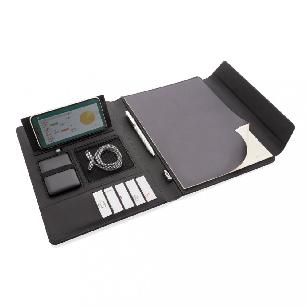 Mapa A4 cu incarcator wireless, 31x25x2.5 cm, XD by AleXer, 20SEP0173, Poliester, Poliuretan, Negru, breloc inclus