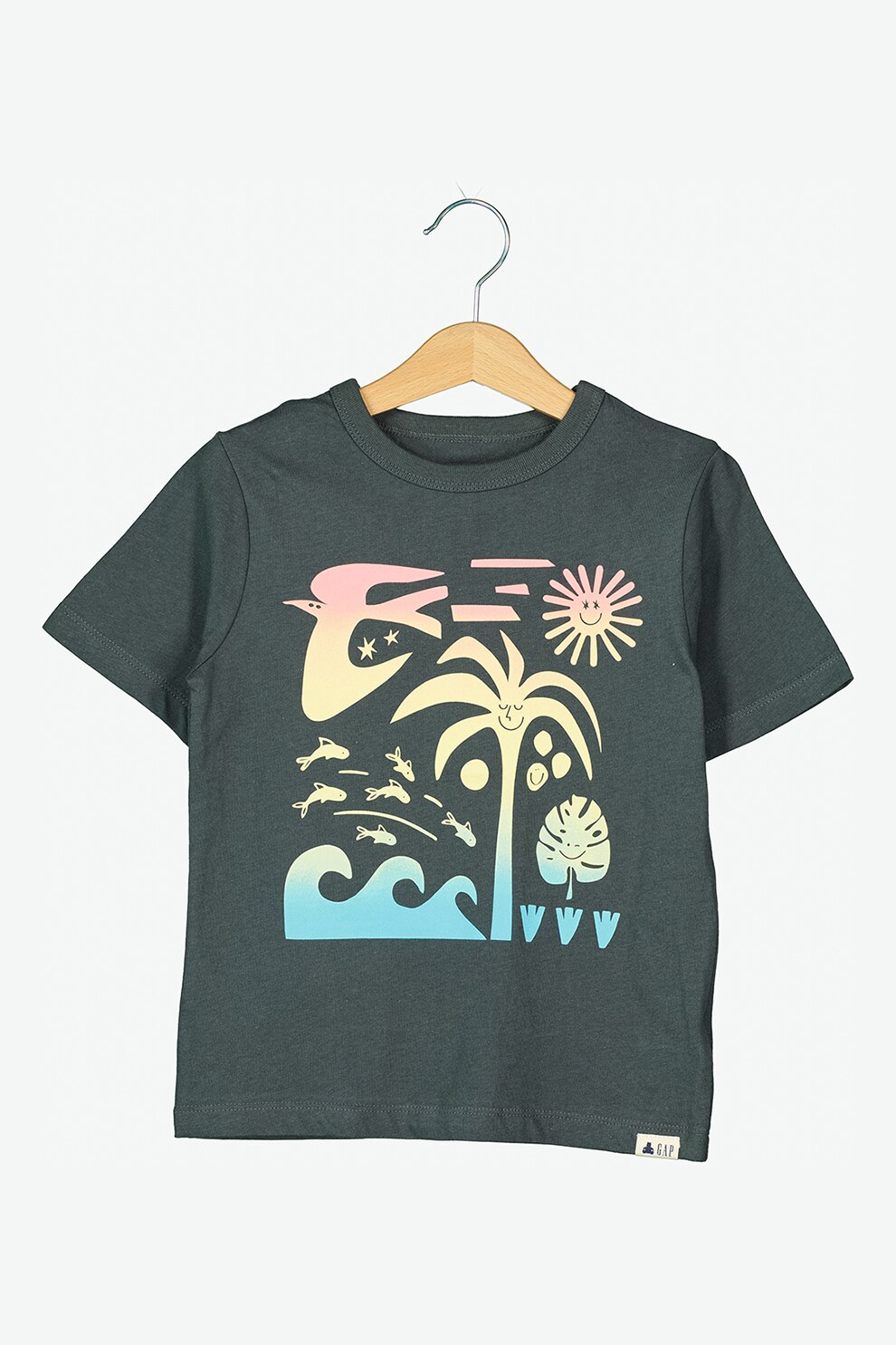 GAP, Tricou de bumbac organic cu imprimeu grafic, Gri inchis/Albastru/Galben