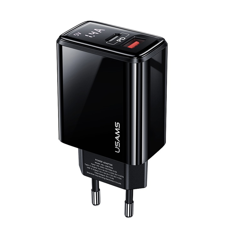 Incarcator cu afisaj digital, USB-C, port 1xUSB-A, PD, incarcare rapida, T40, 20W, negru
