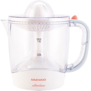 Storcator de citrice Daewoo UltraLine, 40 W, capacitate 1 litru, 2 conuri stoarcere, 2 filtre ajustabile, Alb Storcator de citrice Daewoo UltraLine, 40 W, capacitate 1 litru, 2 conuri stoarcere, 2 filtre ajustabile, Alb