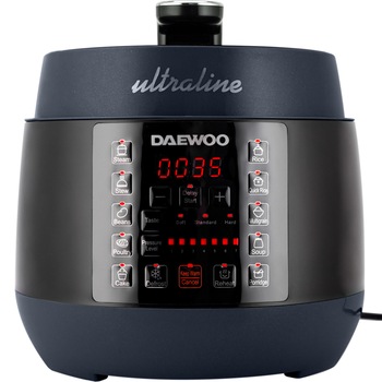 Multicooker sub presiune Daewoo Ultraline, 900 W, capacitate 5 litri, 7 niveluri de presiune, 10 programe de gatire, start intarziat, functie decongelare, reincalzire, mentinerea caldurii, recipient din otel inoxidabil, display LED, Negru Multicooker sub presiune Daewoo Ultraline, 900 W, capacitate 5 litri, 7 niveluri de presiune, 10 programe de gatire, start intarziat, functie decongelare, reincalzire, mentinerea caldurii, recipient din otel inoxidabil, display LED, Negru