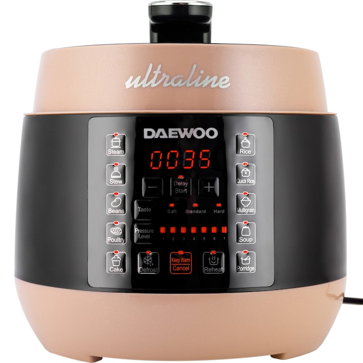 Daewoo Ultraline Multifunkciós főzőedény, 900 W, 5 l, 7 nyomásfokozat, 10 főzési program, késleltetett indítás, kiolvasztás, újramelegítés, melegen tartás, rozsdamentes acél tartály, LED kijelző, Krém