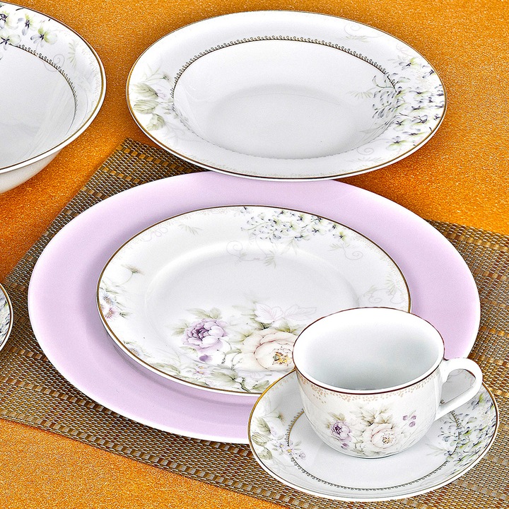 Сервиз за хранене 31 ч. HUMBLE ROSE, порцелан с флоралните мотиви, завършащи със златни орнаменти