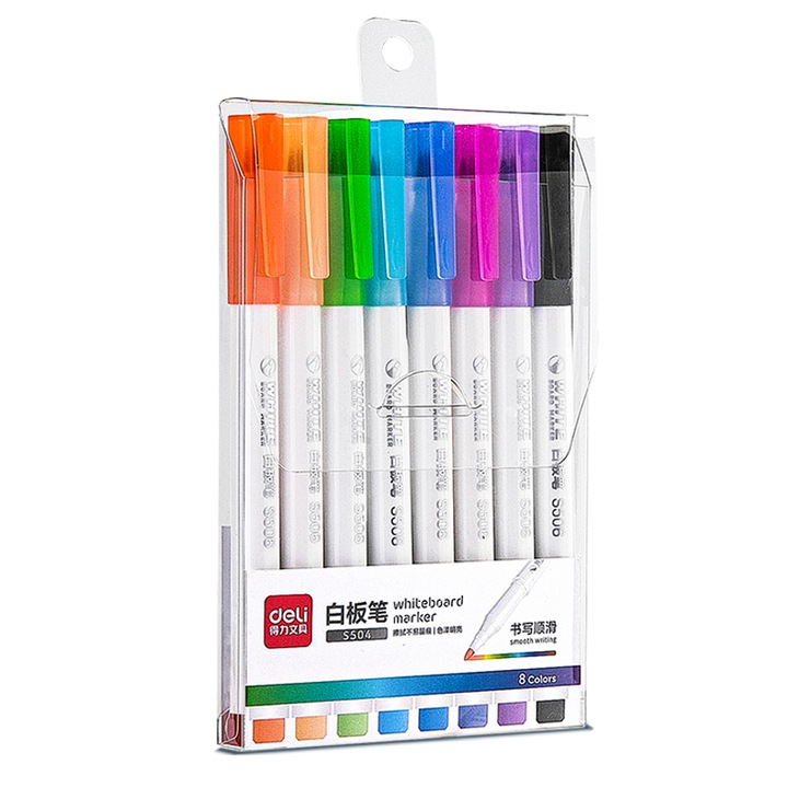 Marker Whiteboard Deli Slim, 8 Buc/Set, Multicolor