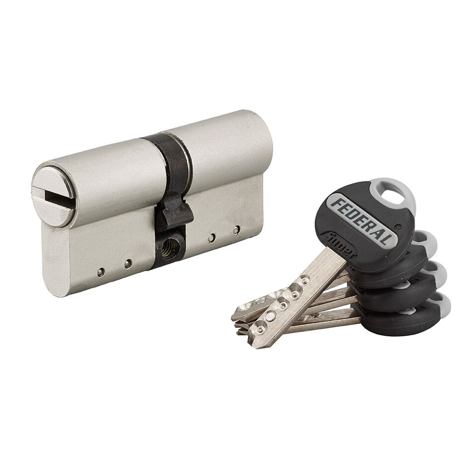 Cilindru standard de inalta siguranta Thirard „Federal” 30 x 30 mm, din alama cu cu finisaj nichel mat, mecanism cu 3 sau 4 pini telescopici dubli, 4 chei reversibile si card proprietate