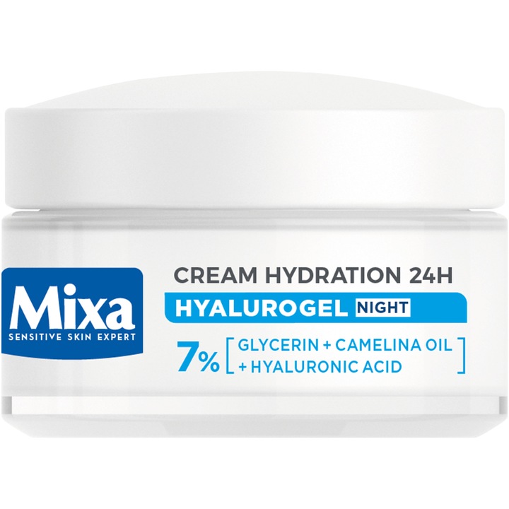 Crema-masca hidratanta de noapte Mixa Hyalurogel Night pentru pielea sensibila, deshidratata, cu aspect obosit, 50 ml