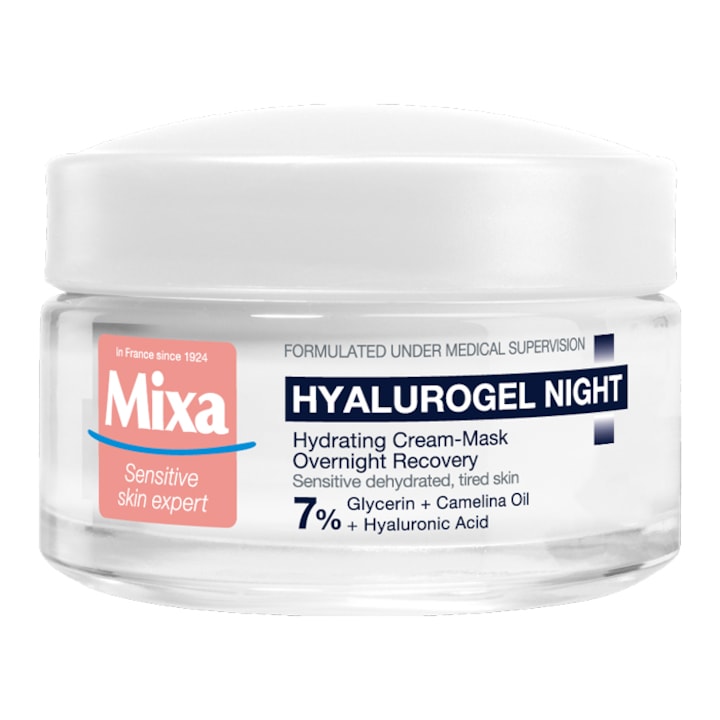 Crema-masca hidratanta de noapte Mixa Hyalurogel Night pentru pielea sensibila, deshidratata, cu aspect obosit, 50 ml