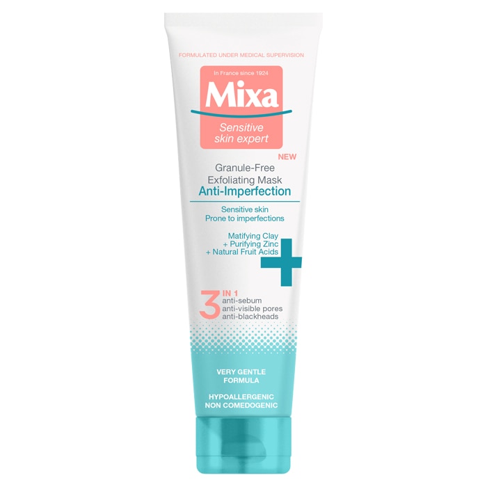 Masca exfolianta Mixa anti-imperfectiuni 3 in 1: anti-sebum, anti-pori dilatati, anti-puncte negre, 150 ml