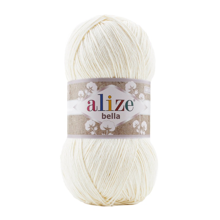 Fir textil, Alize Bella 100-62, pentru crosetat si tricotat, bumbac, alb unt, 360 m