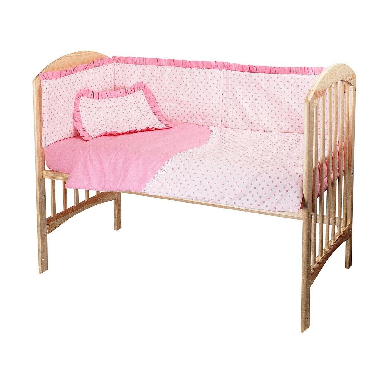 Lenjerie cu baldachin, 6 piese, roz cu stelute roz, 120x60 cm - eMAG.ro