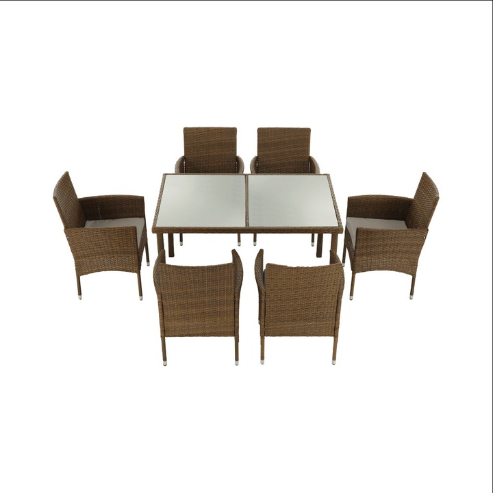 Set de gradina, masa si 6 scaune, ratan, miere/crem, masa 130x90x74cm, scaun 58x60x85cm,mobHAUS