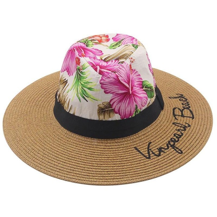 Palarie dama, maro, de vara, cu imprimeu floral, Thelia, Pursehuit