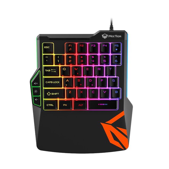 Tastatura gaming Meetion KB015 pentru o singura mana(One-hand), compatibila cu telefoane sau calculatoare, iluminare RGB, Negru, USB