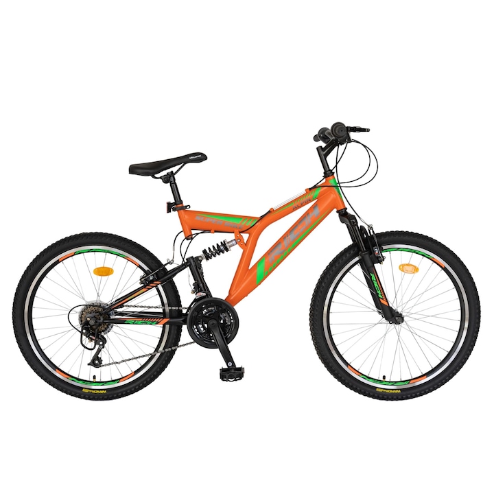 Bicicleta MTB de munte Rich Alpin JSX2649, suspensie fata/spate, roata 26 inch, frana tip V-Brake, 18 viteze, portocaliu cu verde