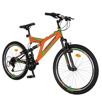 Bicicleta MTB-Full Suspension, Saiguan Revoshift 18 Viteze, Roti 26 Inch, Frane V-Brake, RICH Alpin CSR26/49A, Cadru Portocaliu cu Design Verde Bicicleta MTB-Full Suspension, Saiguan Revoshift 18 Viteze, Roti 26 Inch, Frane V-Brake, RICH Alpin CSR26/49A, Cadru Portocaliu cu Design Verde