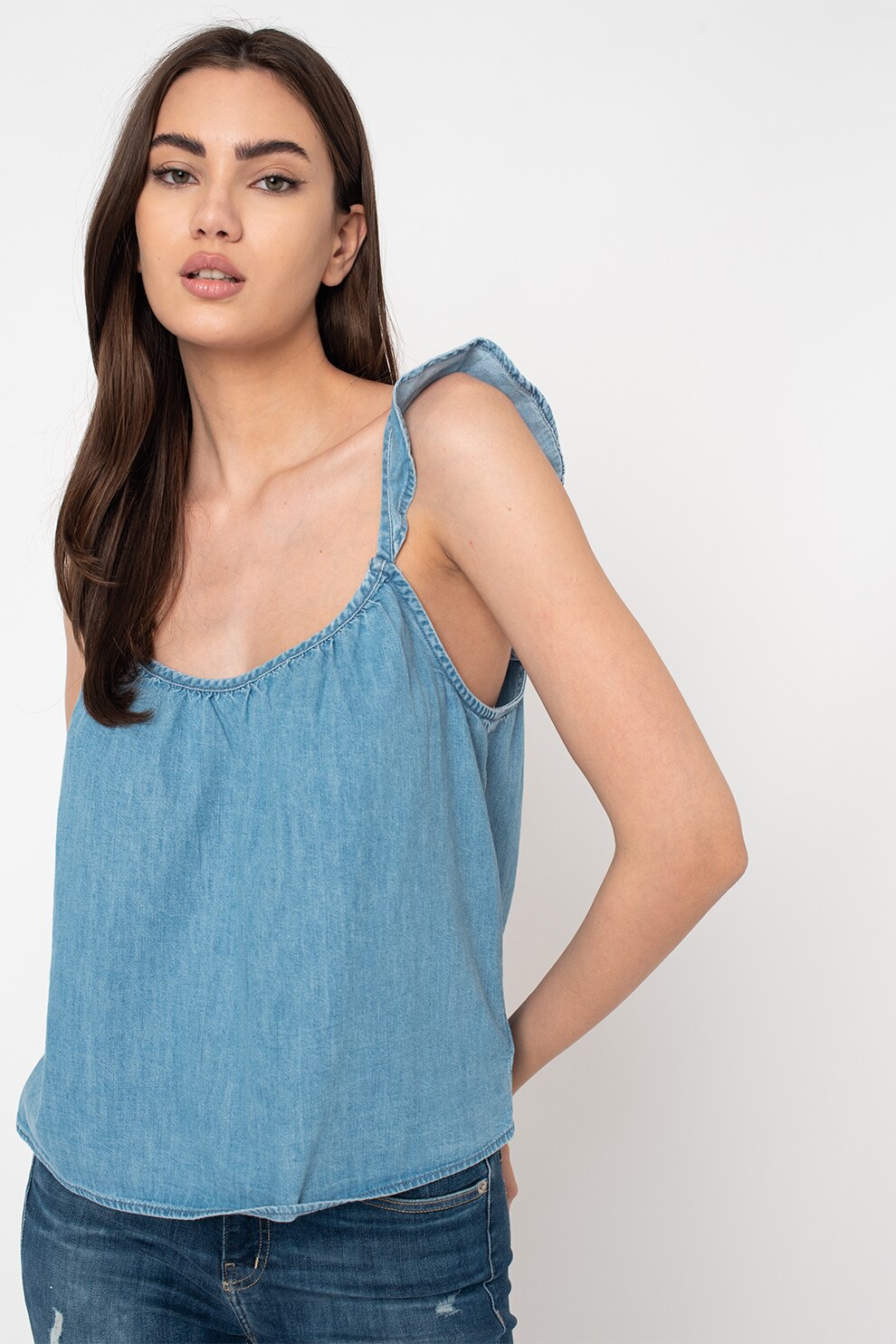 GAP, Top din chambray cu bretele cu volane, Albastru lavanda