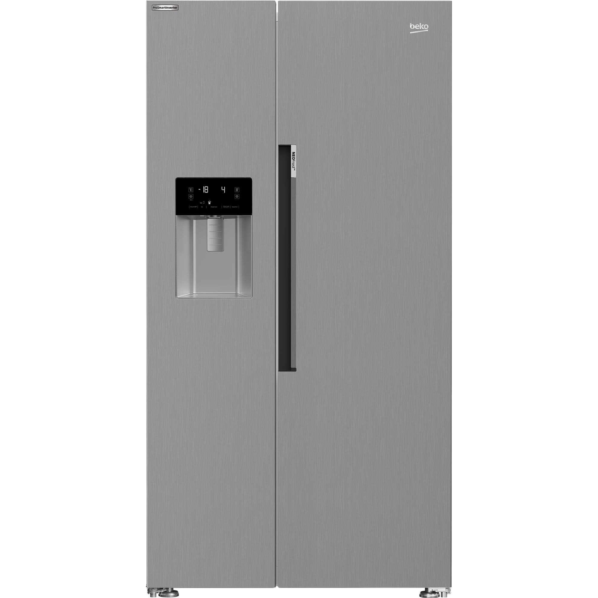 Frigider Side by side Beko 571 l, NeoFrost Dual Cooling, Dozator apa/gheata, Raft sticle, Touch control, Compresor Inverter, Clasa E, H 179 cm, Metal Look - eMAG.ro