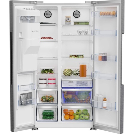 Side by side Beko GN162341XBN, 571 l, NeoFros Dual Cooling, Dozator apa/gheata, Raft sticle, Touch control, HarvestFresh, Compresor Inverter, Clasa E, H 179 cm, Metal Look